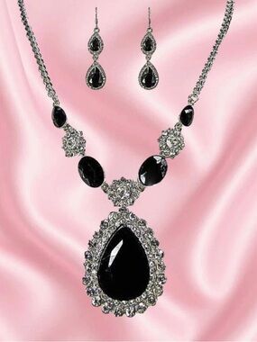 Black Clear Crystal Statement Necklace Set Teardrop Pendant Elegant New